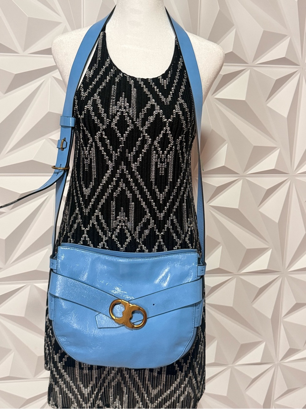 Tory Burch Sky Blue Leather Crossbody with Gold-Tone Hardware